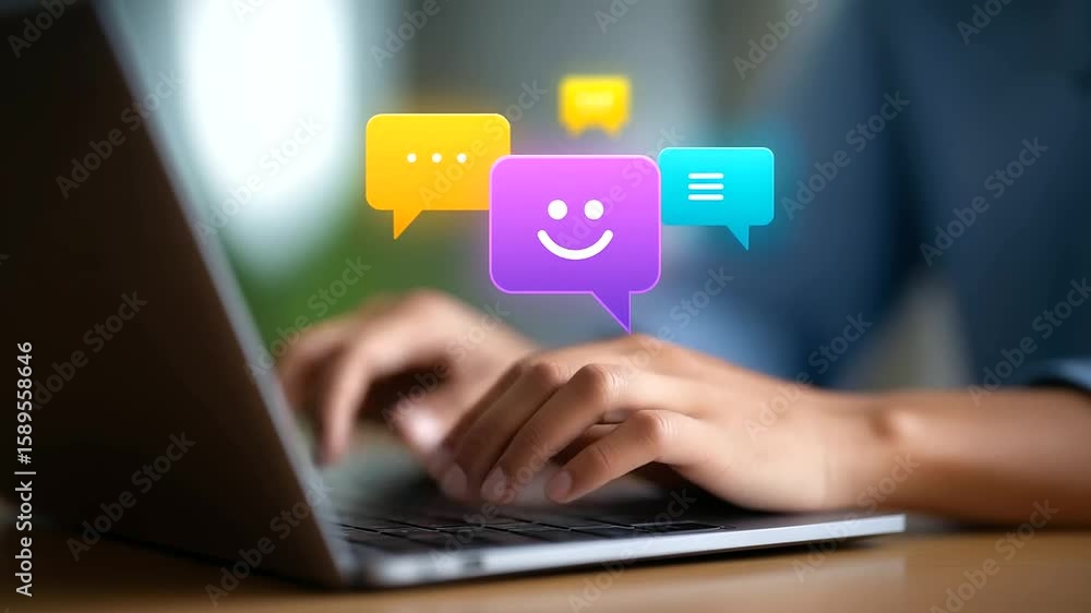 Poster vibrant chatbot avatar engaging with dynamic, colorful speech bubbles for ai interaction.