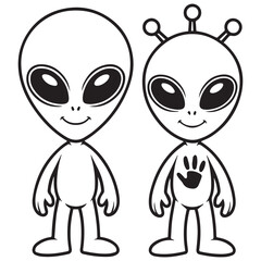 Fototapeta premium Two cute cartoon aliens standing side by side with big eyes and friendly smiles on a white background