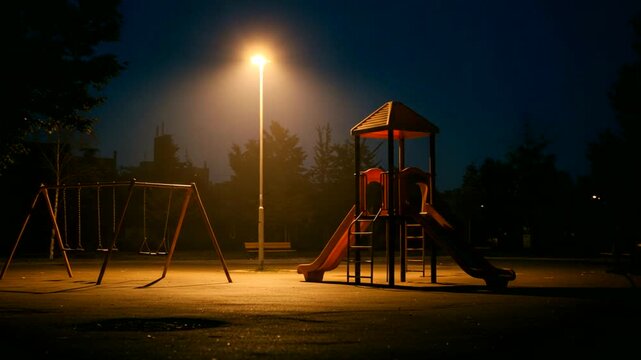 Empty playground at night under a light