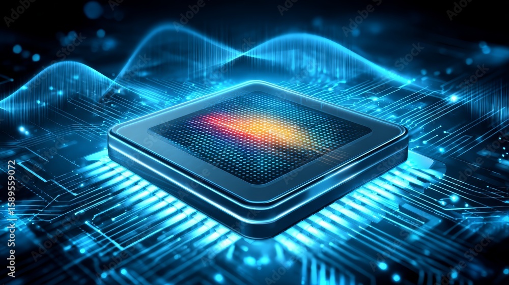 Poster colorful illuminated cpu chip, a closeup view of modern computer processor technology