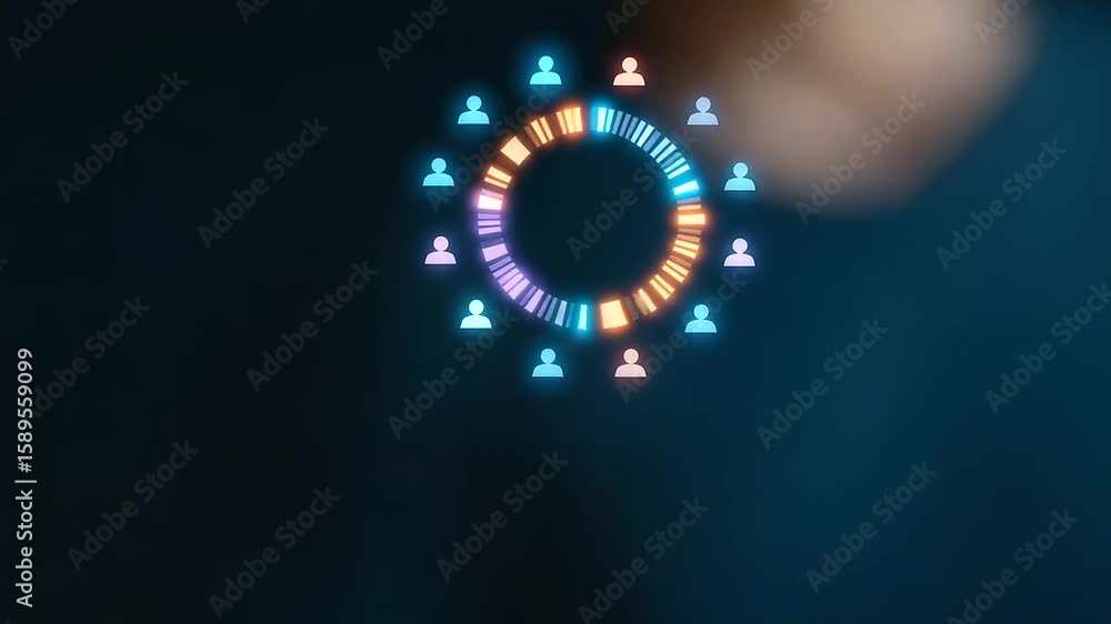 Poster a detailed view of a finger interacting with a futuristic holographic pie chart display.