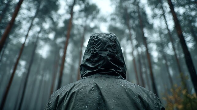 Person in a dark wet raincoat looking up at a misty forest