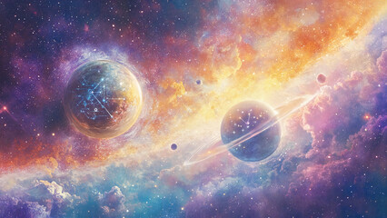 Naklejka premium Planetary Alignment, Esoteric Planetary Alignment , Elegant celestial background with subtle stars and centered natal chart, muted blue and silver tones, Instagram ads for astro 