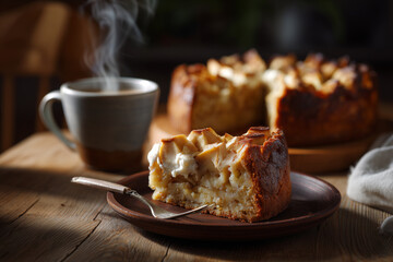 Delicious homemade apple cake slice served on a wooden plate with a cup of steaming hot coffee in cozy rustic setting