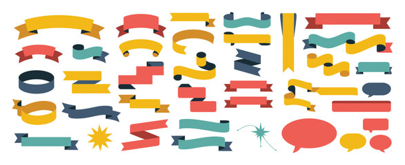  Ribbon Banners Set Featuring Labels, Tags, and Quality Badges, Modern Flat Design Ideal for Branding, Promotions, Web Design, and Marketing Materials Vector