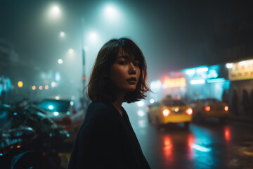 Naklejka premium Mysterious woman standing on a foggy city street at night with colorful lights and blurred traffic in the background