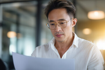 Fototapeta premium Focused young Asian man wearing glasses and white shirt reading documents attentively in modern office environment