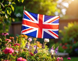British flag waving in a vibrant garden