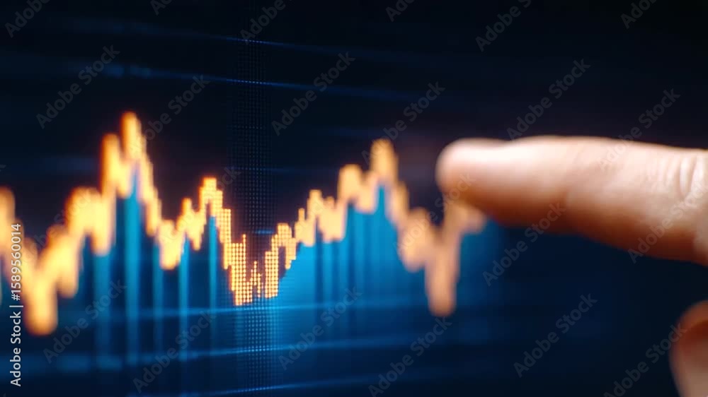 Poster detailed view of a finger interacting with a futuristic holographic stock chart display.
