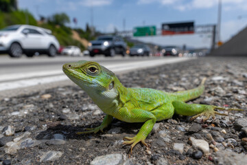Fototapeta premium Close-up of a green lizard on the roadside with blurred traffic and highway in the background