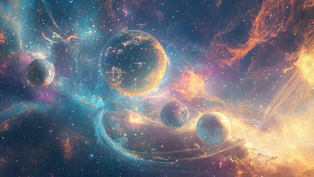 Planetary Alignment, Esoteric Planetary Alignment , Elegant celestial background with subtle stars and centered natal chart, muted blue and silver tones, Instagram ads for astro  