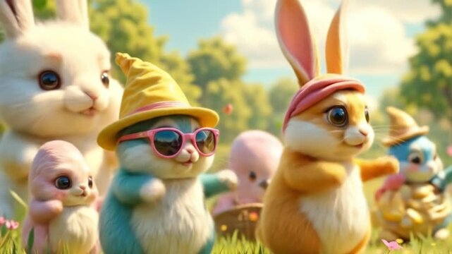 Adorable cartoon rabbits with festive hats and sunglasses, in vibrant pastel colors, celebrating Easter and spring in a sunny park.