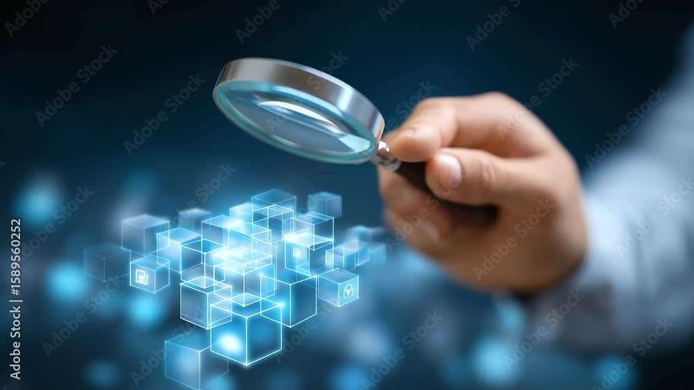 Poster zoomed-in view of a magnifying glass examining 3d cubes adorned with various icons.