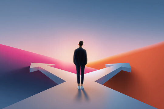 Person standing at a crossroads facing two divergent paths, symbolizing decision-making and life choices