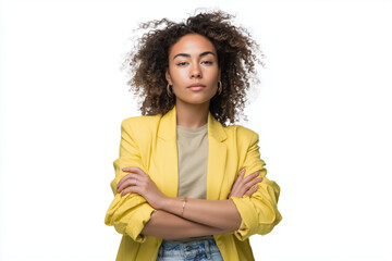 Confident young woman with curly hair wearing a yellow blazer and casual outfit standing with crossed arms