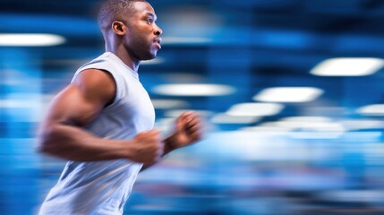 Athletic man running swiftly in a gym, with blurred background emphasizing speed and movement