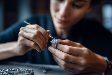 Close-up of a jeweler carefully inspecting and crafting a sparkling diamond ring with precision tools