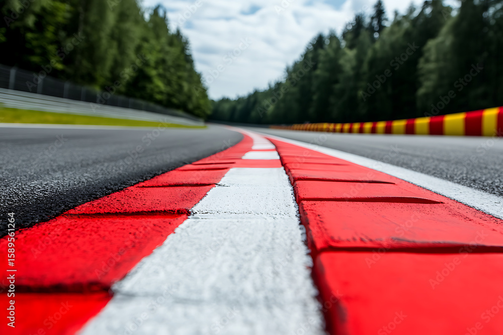 Poster a low-angle view of a race track surface, showcasing vibrant red and white painted safety edges. for