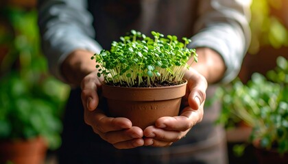 A person holding a small terracotta pot with sprouts