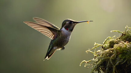 Fototapeta premium Hummingbird Hovering Over Nest to Feed Chicks in Rainforest
