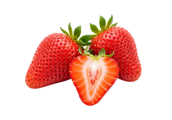 Fresh ripe strawberries, two whole and one sliced in half, isolated on transparent background, png