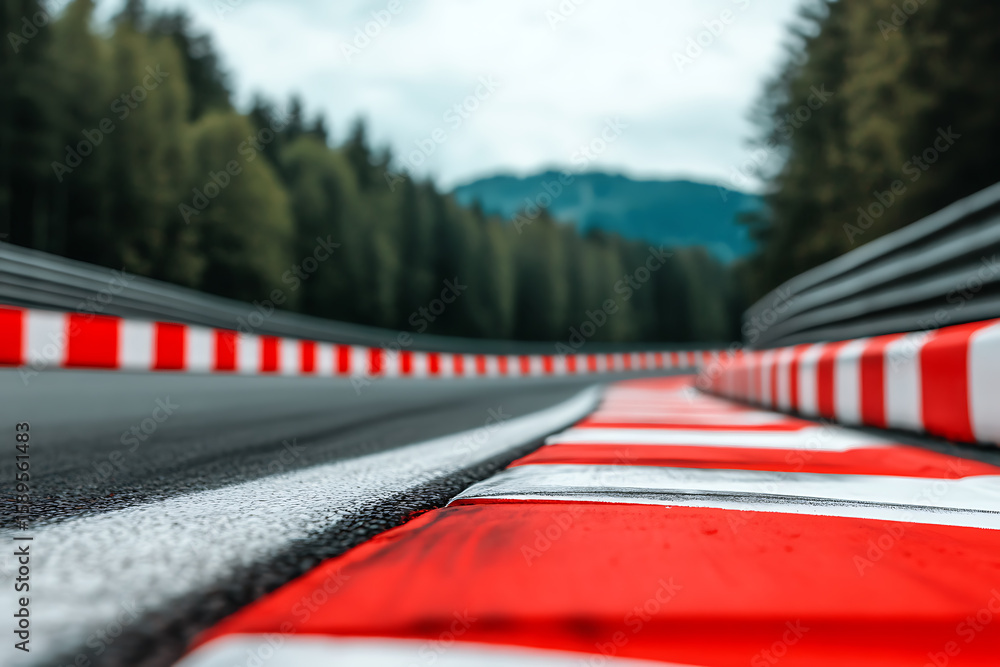 Poster blurred racetrack curve with red and white barriers. trees and hills in the background provide a nat