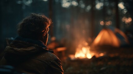 Man in warm jacket sitting by campfire at campsite with tent in background