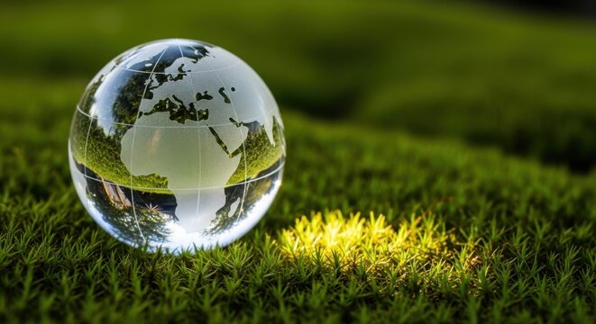 Crystal earth globe resting on lush green grass under sunlight