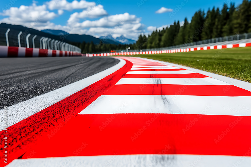 Poster a section of racetrack is pictured with a mountain range visible in the distance beneath a vibrant b