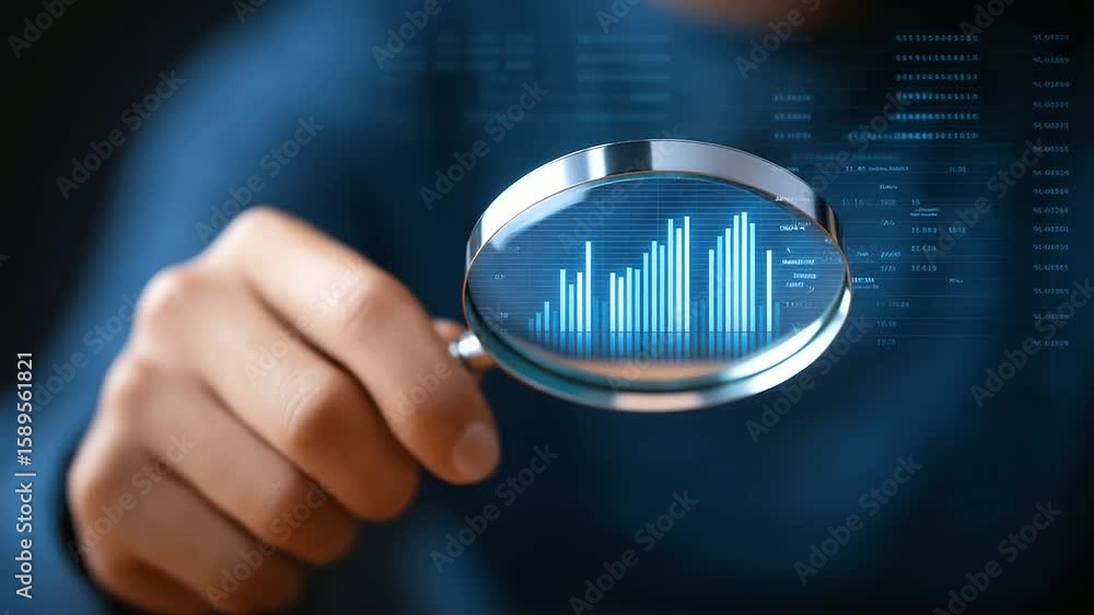 Poster zoomed-in view of a hand using a magnifying glass to examine digital charts.