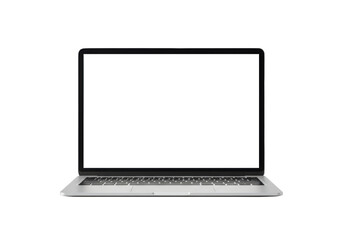A modern, sleek, silver-grey laptop with a blank bright white screen, pristine and perfect, on a pure stark transparent background with high-key studio lighting, concept of modern digital