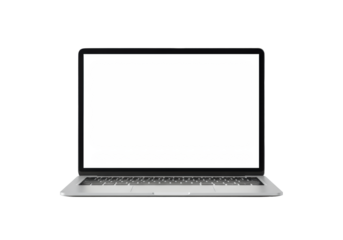 A modern, sleek, silver-grey laptop with a blank bright white screen, pristine and perfect, on a pure stark transparent background with high-key studio lighting, concept of modern digital