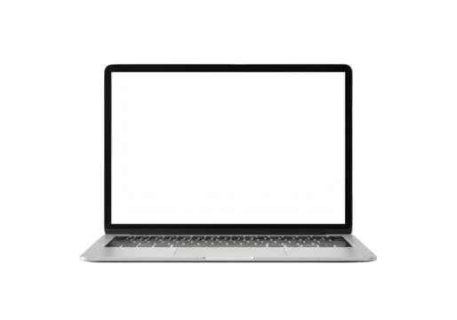 A modern, sleek, silver-grey laptop with a blank bright white screen, pristine and perfect, on a pure stark transparent background with high-key studio lighting, concept of modern digital
