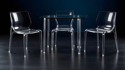 Obraz premium Modern transparent dining set with glass table and chairs, arranged in a moody and elegant space. 