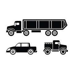 Black silhouette icons of a semi truck a car and a pickup truck trailer sedan