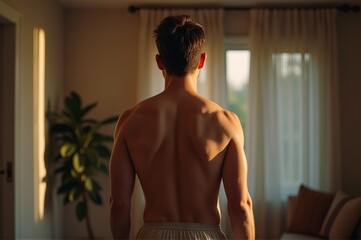 A man stands in a cozy living room as the sunset casts a warm glow around him. Soft light shines through sheer curtains, creating a peaceful and reflective moment