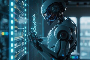 AI robot studies DNA on hologram in dark sci-fi lab, futuristic style