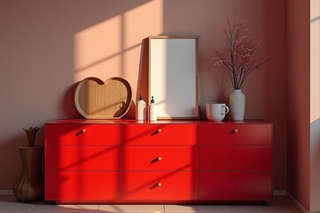 In a cozy room filled with soft afternoon light, a striking red dresser holds charming decor including a heart-shaped tray and a vase of pink branches. The warm atmosphere invites creativity