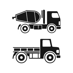 Black silhouette icons of a cement mixer truck and a flatbed truck concrete vehicle