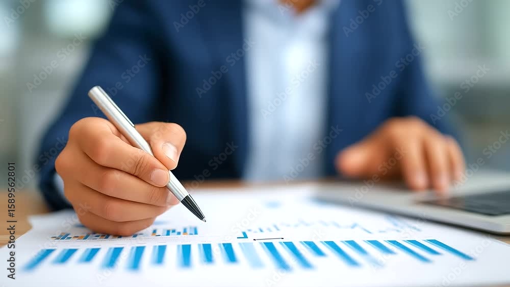 Poster detailed view of hands using a pen to calculate figures on a laptop and calculator.
