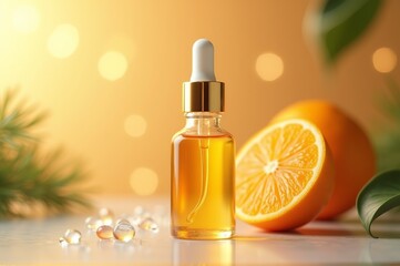 Sunlight bathes a serene spa space, highlighting a glass dropper bottle filled with golden citrus oil beside a freshly cut orange. Nature's essence vibrantly enhances wellness