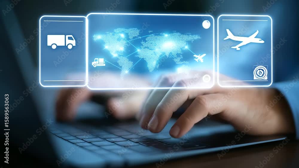 Poster hands typing on a keyboard with a futuristic holographic supply chain network overlay.