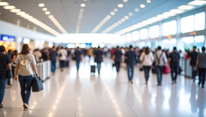Defocused image of airport, with lots of travelers inside, all defocused.