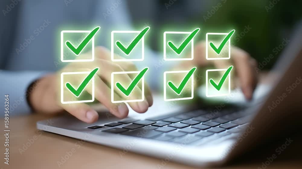Poster zoomed-in view of hands typing on a laptop with an illuminated checklist icon on the screen.