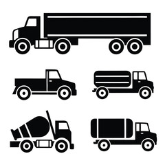 Collection of black silhouette icons of various trucks including semi trailer truck pickup truck cement mixer and tanker trucks