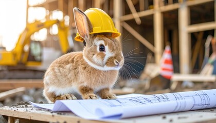 A small brown rabbit wearing a hard hat, sitting on blueprints in a construction site