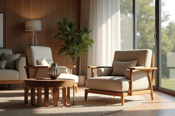A stylish living room features elegant wooden furniture and soft upholstery, enhanced by natural light streaming through large windows, creating a tranquil ambiance