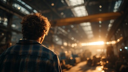 Man in plaid shirt looking towards bright sunlight in a dimly lit industrial building