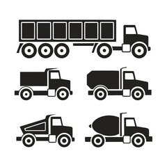 Collection of black truck icons including semi trailer dump cement mixer and tanker trucks transport