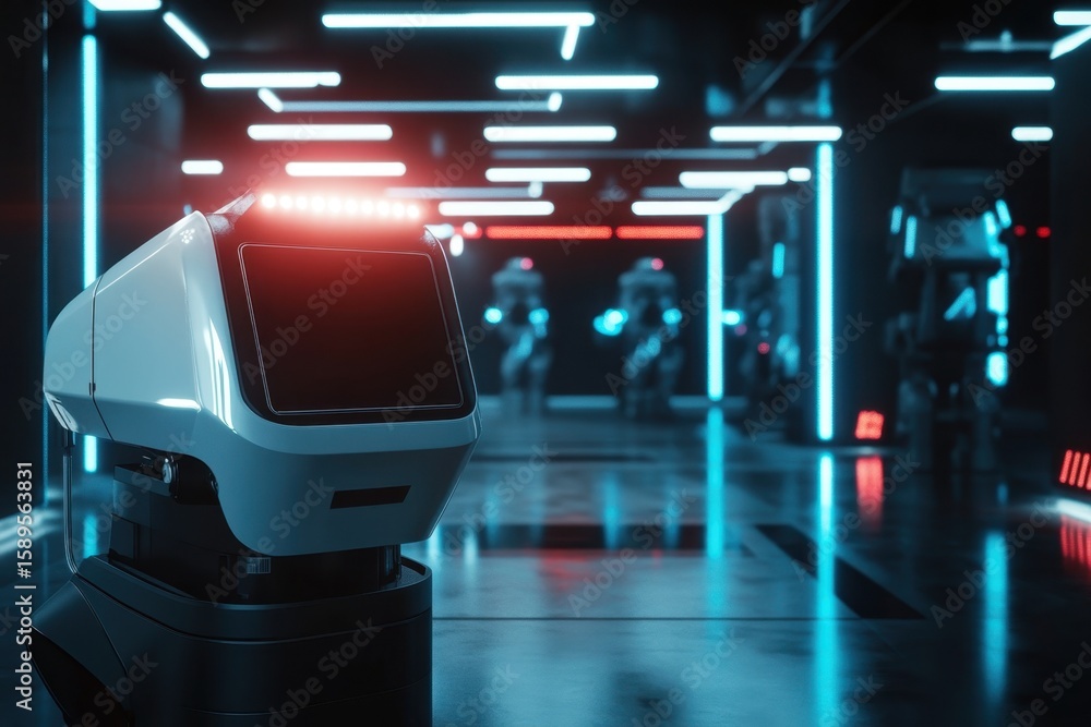 Poster robots in a futuristic setting with neon lights and advanced technology